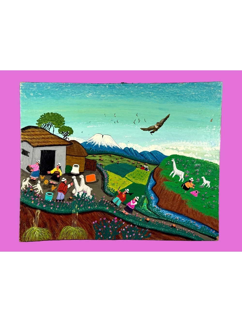 Mario Vega Cuyo Tigua Painting Sheepskin Ecuador Andean Folk Art Cotopaxi Condor